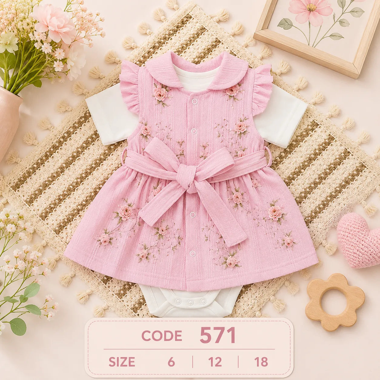 code 571 🌷 فستان وردات قطعتين بخامة الكوريشه