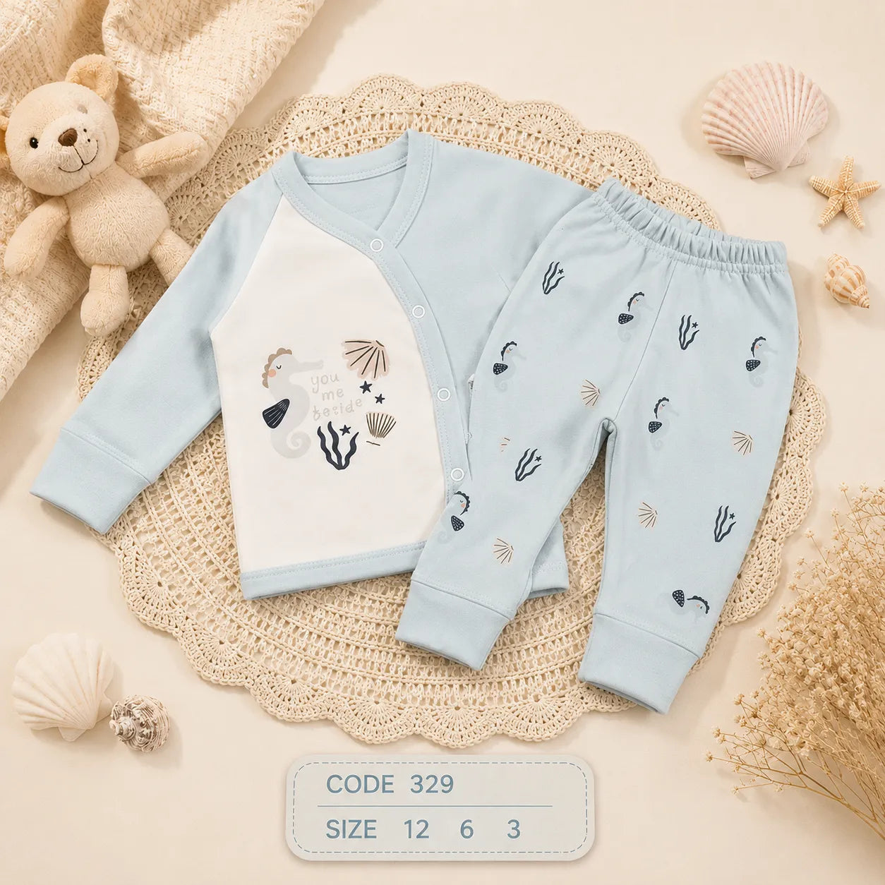code 329 🌊 طقم بيجامة كم طويل قطن حصان البحر
