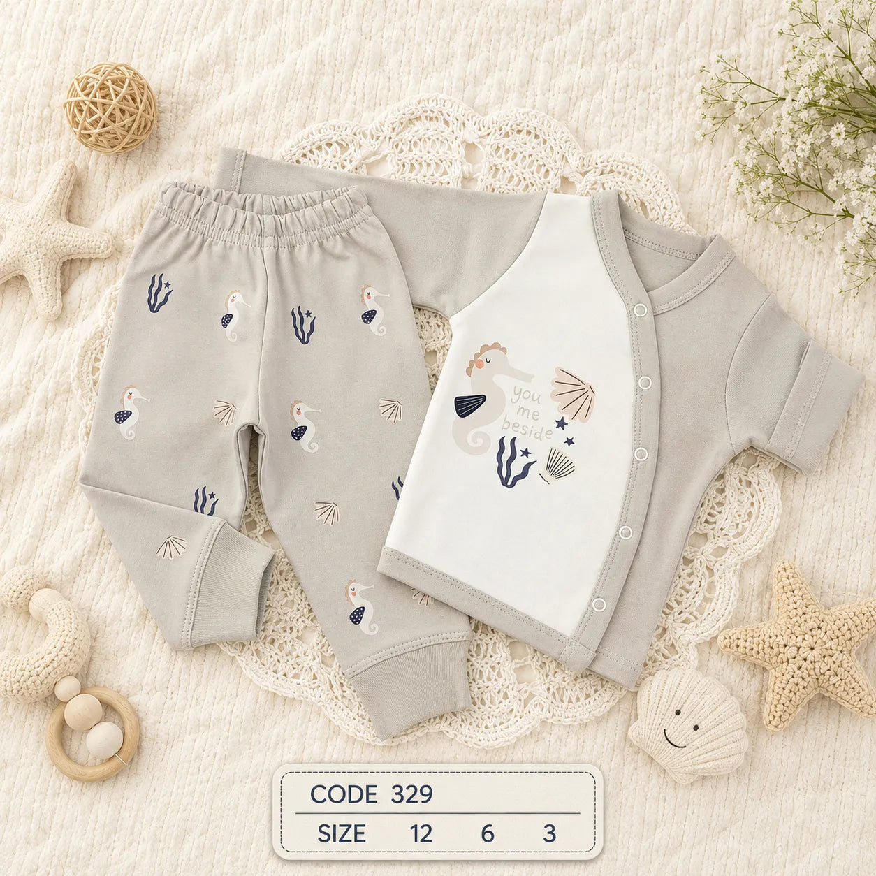 code 329 🌊 طقم بيجامة كم طويل قطن حصان البحر